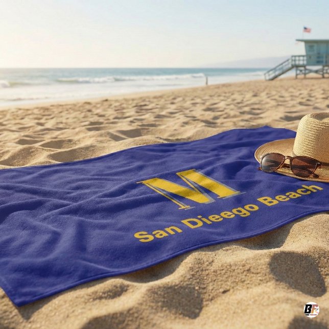 Personalized Navy Blue & Yellow Monogram Letter M  Beach Towel (Creator Uploaded)