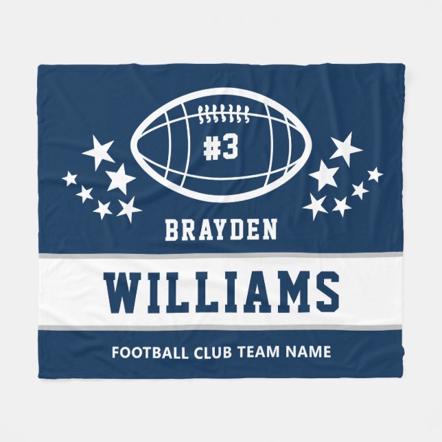 Personalized Navy BlueWhite Football Player Name Fleece Blanket (Front (Horizontal))