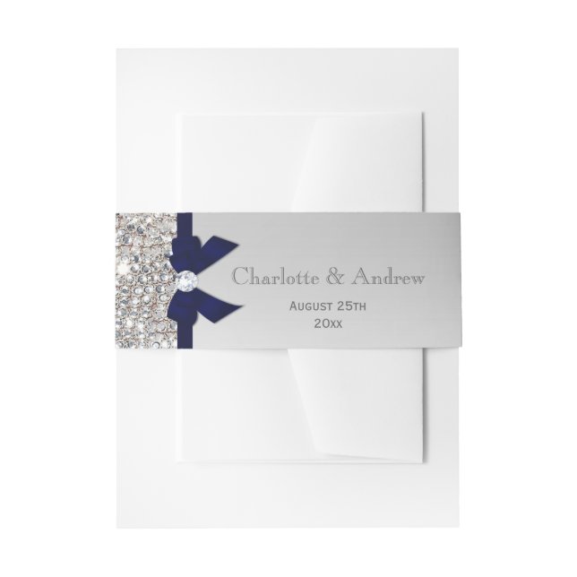Personalized Navy Bow & Diamonds Wedding Invitation Belly Band (Front Example)