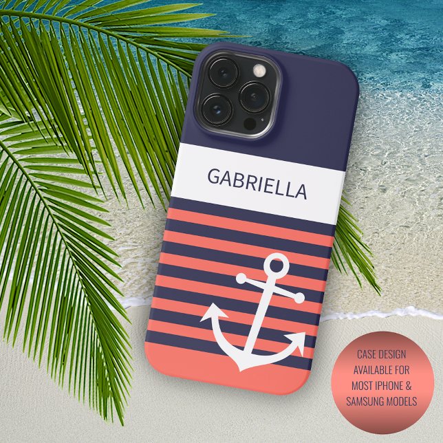 Personalized Navy Dark Blue White Orange Stripes Case-Mate iPhone Case (Creator Uploaded)