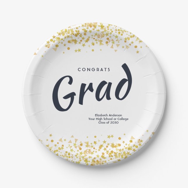 Personalized Navy / Gold School Graduation Party Paper Plate (Front)