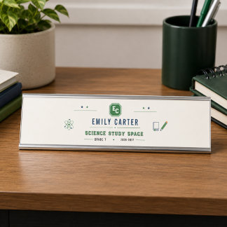 Personalized Navy Green Science School Cover Desk Name Plate