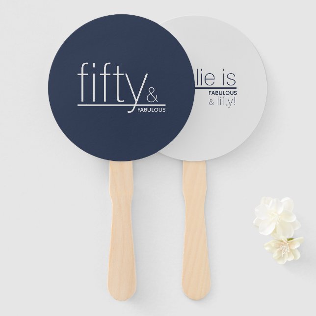 Personalized Navy Grey fifty & FABULOUS Reversible Hand Fan (Front and Back)