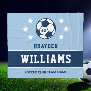Personalized Navy Light Blue Soccer Player Name Fleece Blanket