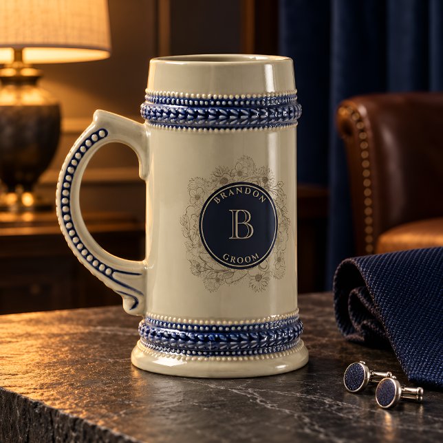 Personalized Navy Monogram Groom Gift Stein (Creator Uploaded)