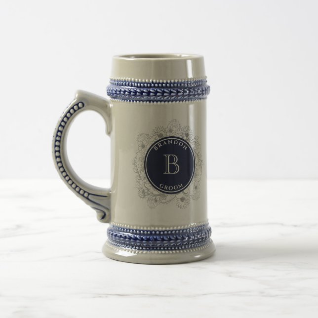 Personalized Navy Monogram Groom Gift Stein (Left)