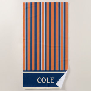 Personalized Navy & Orange Striped Nautical Beach Towel