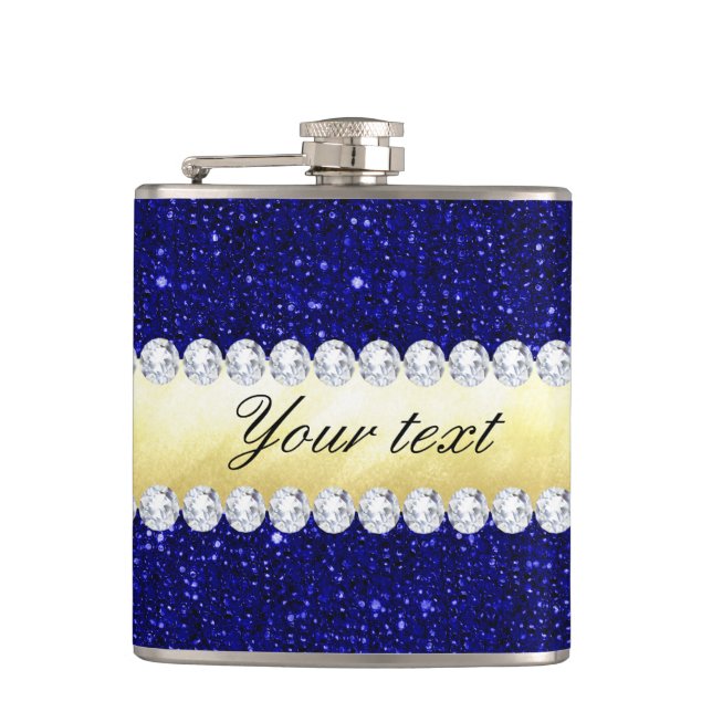 Personalized Navy Sequins, Gold, Diamonds Hip Flask (Front)