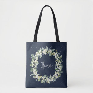 Personalized Navy Snowberry+Eucalyptus Wedding Tote Bag