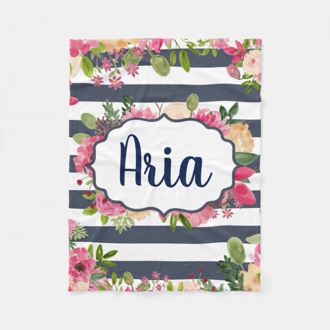 Personalized Navy Striped floral Blanket (Front)