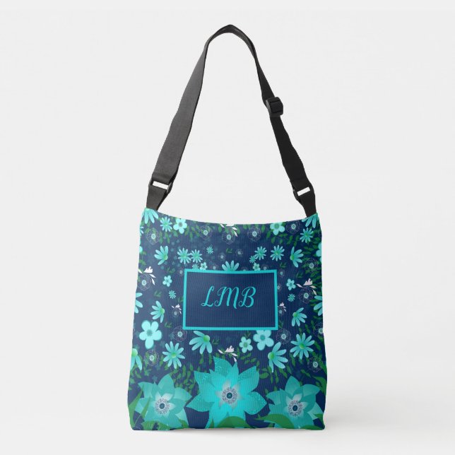 Personalized Navy Turquoise Tropical Tote Bag (Front)