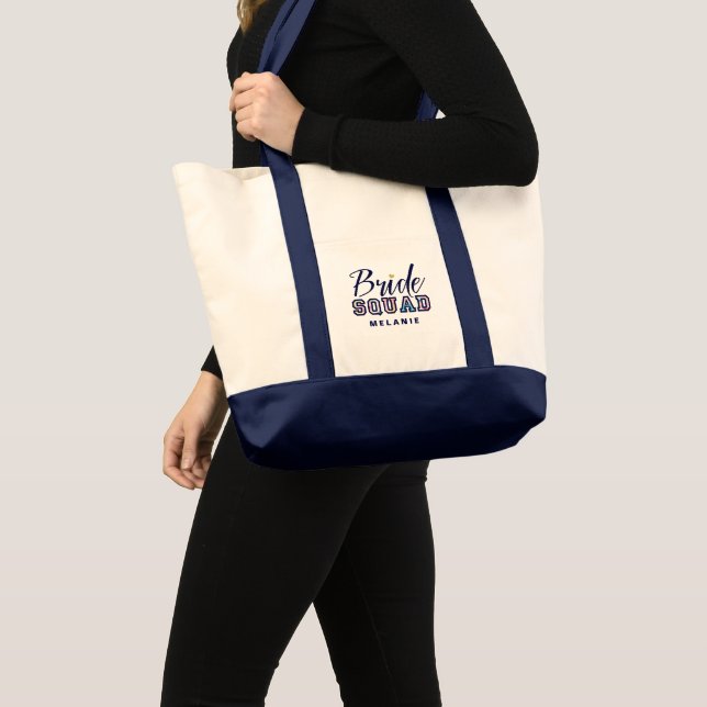 Personalized Navy Varsity Bride Squad Wedding Tote Bag (Front (Product))