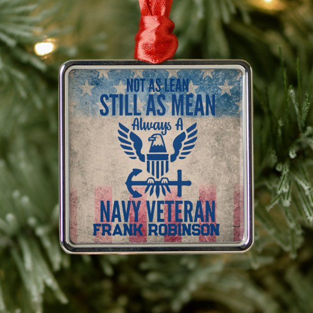 Personalized Navy Veteran Distressed USA Flag Metal Ornament (Tree)