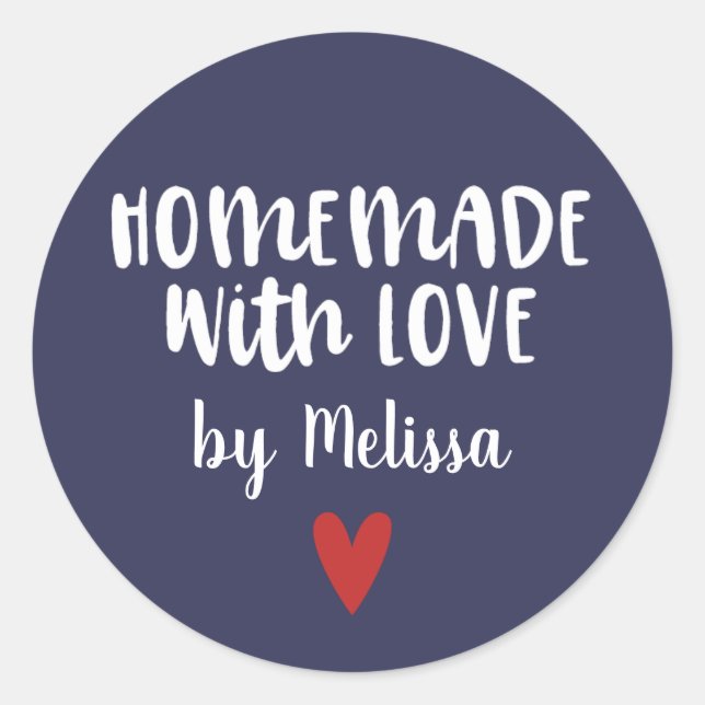 Personalized Navy White Homemade With Love Classic Round Sticker (Front)