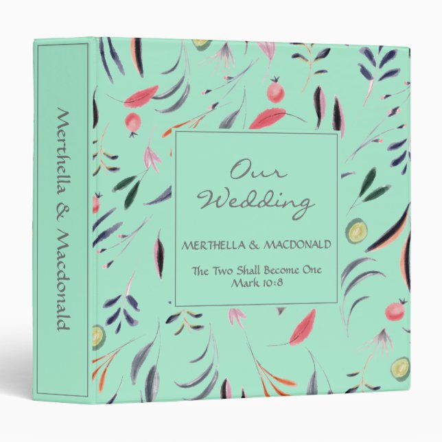 Personalized Neo Mint Floral OUR WEDDING Binder (Front/Spine)