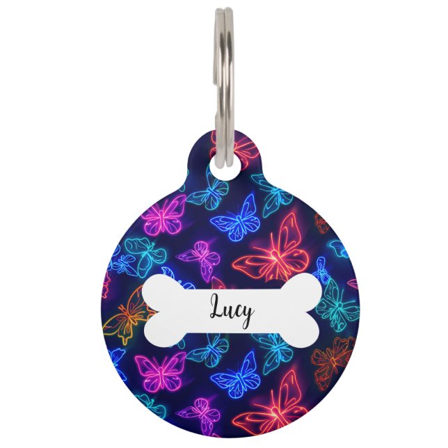 Personalized Neon Butterflies Round Pet Tag (Front)