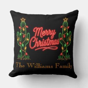 Personalized Neon Christmas Cactus Decor Throw Pillow