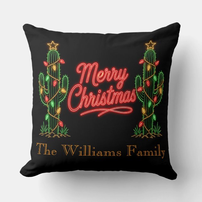 Personalized Neon Christmas Cactus Decor Throw Pillow (Front)