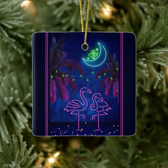 Personalized Neon Flamingo Couple Beach Christmas Ceramic Ornament (Tree)