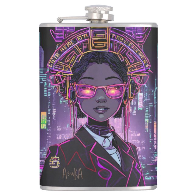 Personalized Neon Future Cyberpunk ID1028 Hip Flask (Front)
