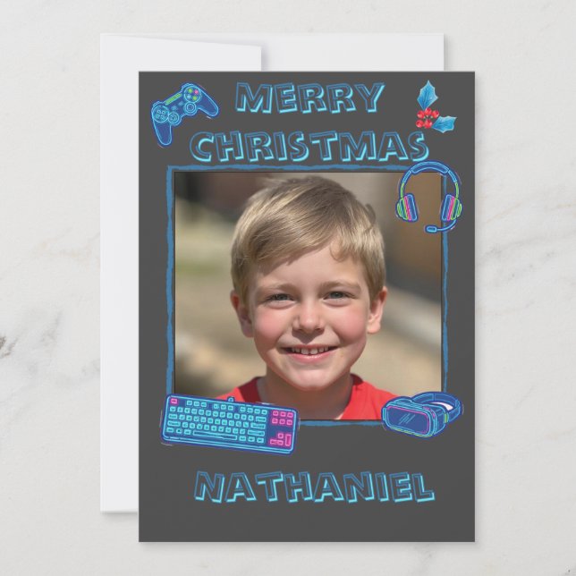 Personalized Neon Gamer Photo Flat Christmas  Holiday Card (Front)