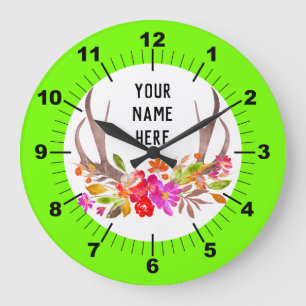Personalized Neon Green Floral Large Clock