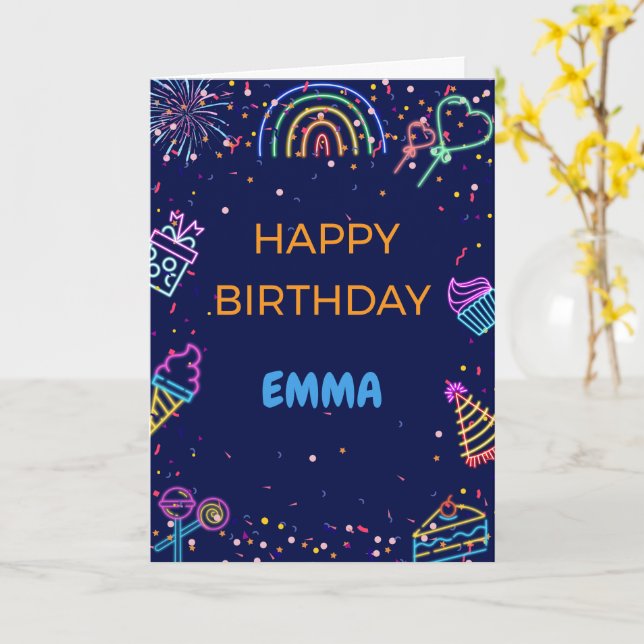 Personalized Neon Happy Birthday Card (Yellow Flower)