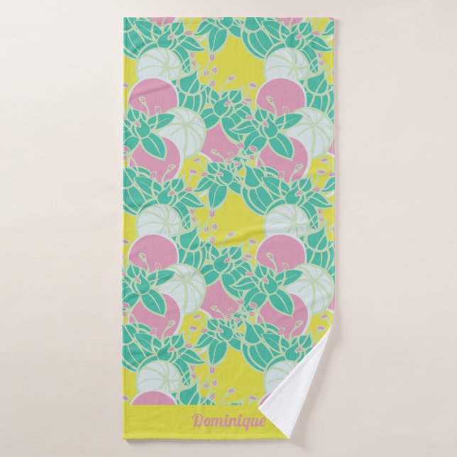 Personalized Neon Modern Bud & Flower Pattern Bath Towel (Bath Towel)