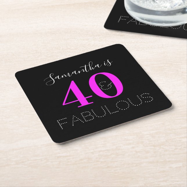 Personalized Neon Pink 40th Birthday Party Square Paper Coaster (Angled)