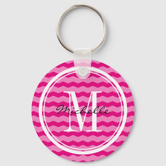 Personalized neon pink chevron monogram key chain (Front)