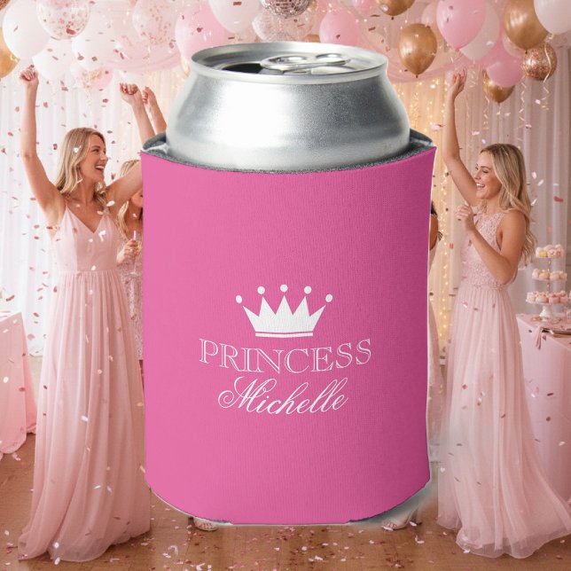 Personalized neon pink princess crown can coolers (pink can cooler)