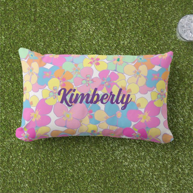 Personalized Neon Retro Floral Pink Lumbar Pillow (Grass)