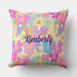 Personalized Neon Retro Floral Pink Throw Pillow