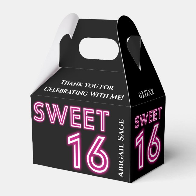 Personalized Neon Sweet Sixteen Hot Pink, Black Favor Box (Front Side)