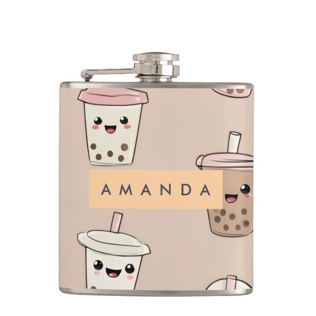 Personalized Neutral Cute Milky Bubble Tea Hip Flask (Front)