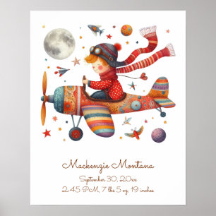 Personalized New Baby Art Child Flying Plane Poster