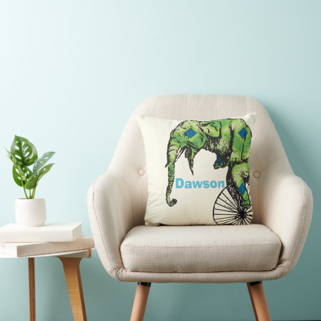 Personalized New Baby Boy's Room Circus Elephant Throw Pillow (Chair)