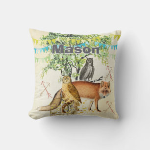 Personalized New Baby Boy's Room Cute Fox and Owl Throw Pillow