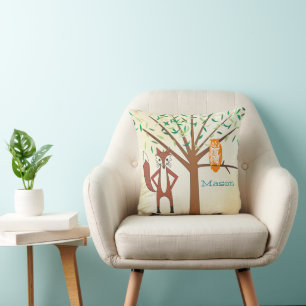 Personalized New Baby Boy's Room Cute Fox and Owl Throw Pillow