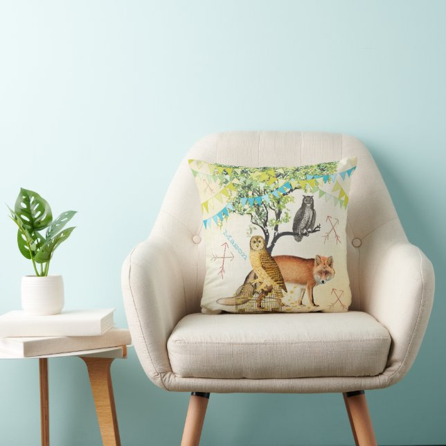Personalized New Baby Boy's Room Cute Fox and Owl Throw Pillow (Chair)