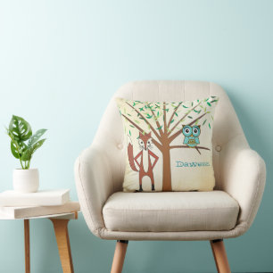 Personalized New Baby Boy's Room Cute Fox and Owl Throw Pillow