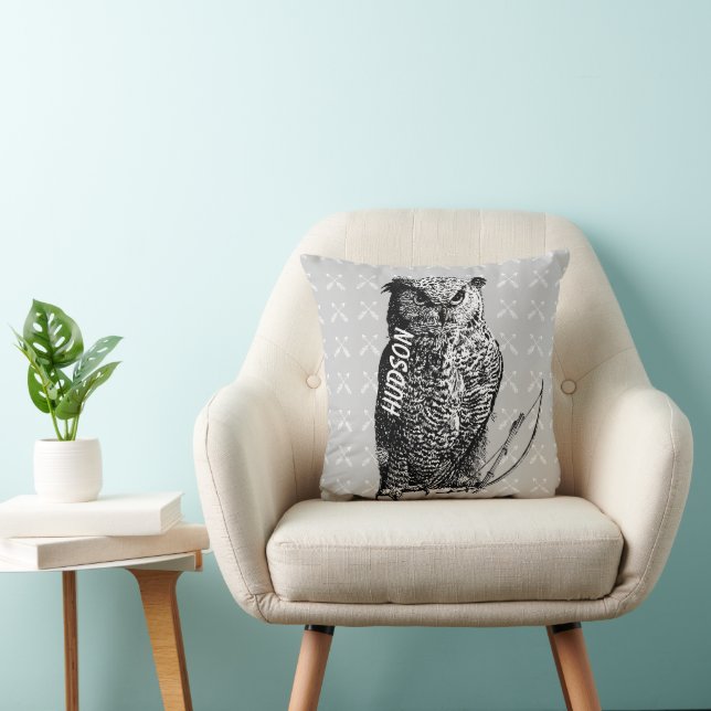 Personalized New Baby Boy's Room Grey Owl Throw Pillow (Chair)