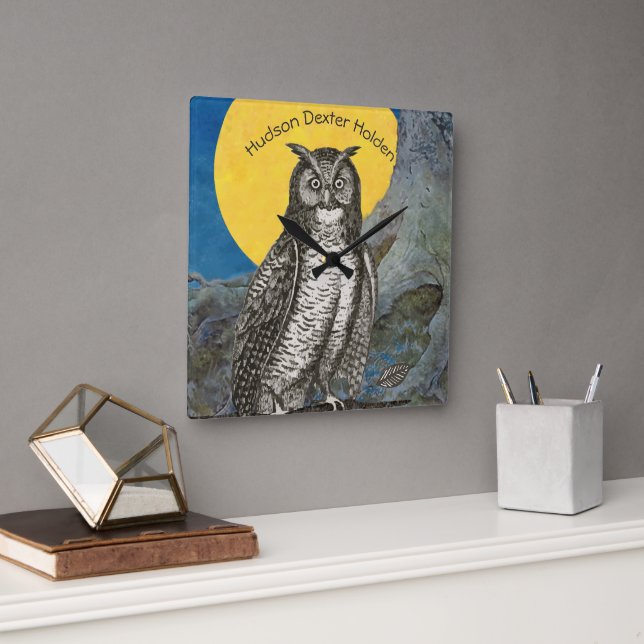 Personalized New Baby Boy's Room Yellow Grey Owl Square Wall Clock (Office)