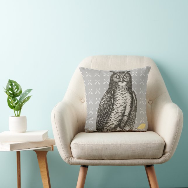 Personalized New Baby Boy's Room Yellow Grey Owl Throw Pillow (Chair)
