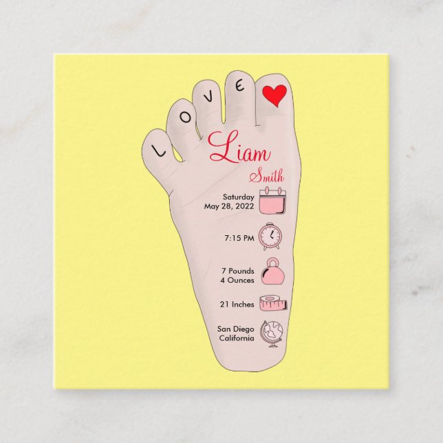 Personalized New Baby Gift Birth Stats Details Square Business Card (Front)