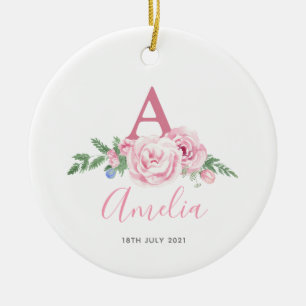 Personalized New Baby Keepsake pink floral gift Ceramic Ornament