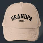 Personalized New Grandpa Est Date Father's Day Trucker Hat<br><div class="desc">This personalized Grandpa "Est. Year" hat is the perfect gift to celebrate a new or seasoned grandparent! Featuring a classic, structured design with bold black lettering in a collegiate style, this cap proudly displays "GRANDPA" alongside a customizable "Est. Year" detail to mark when the grandparenting journey began. The neutral beige...</div>