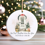 Personalized New Home First Christmas Watercolor Ceramic Ornament<br><div class="desc">Celebrate New Beginnings with this Personalized "Our First Christmas in Our New Home" Ornament with a decorative watercolor front door graphic all decked out for the holidays. The door can be personalized with the year or the house address number. It is customizable with the couple's name in a dark green...</div>