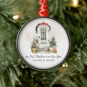 Personalized New Home First Christmas Watercolor Metal Ornament