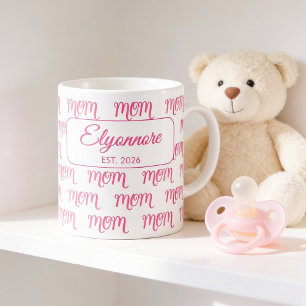 Personalized New Mom Established Pink Name Coffee Mug